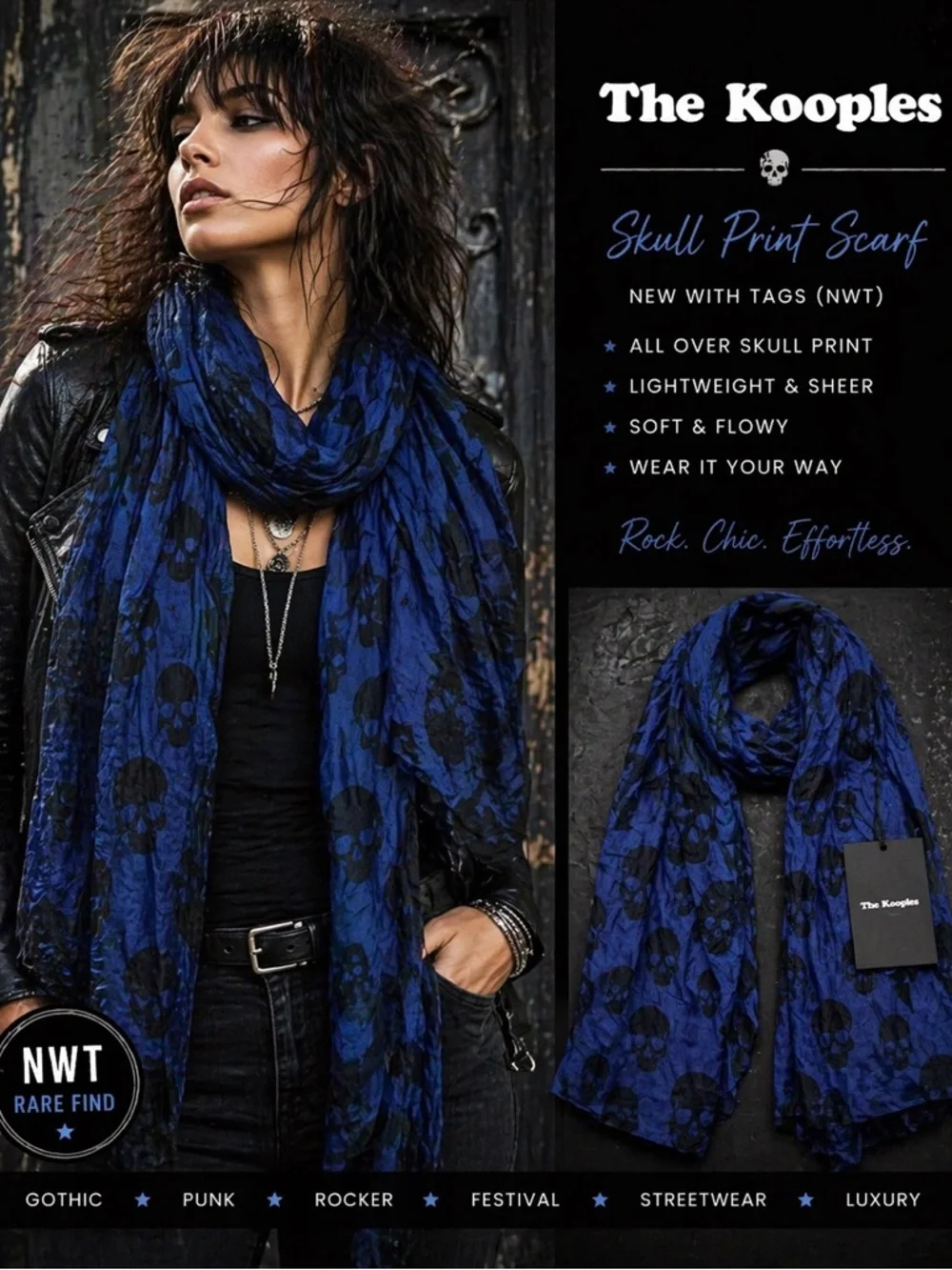 The Kooples Skull Print Scarf Blue Black Sheer Wrap Goth Punk Luxury NWT Rare